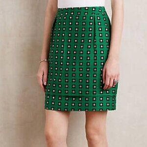 Anthropologie Garden Glimmer Mini Green Black Printed Pencil Skirt